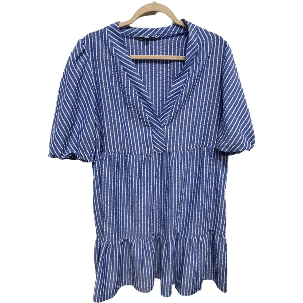 Sandra Darren Blue White Seersucker Stripe Tiered Dress Size 14 Fourth of July